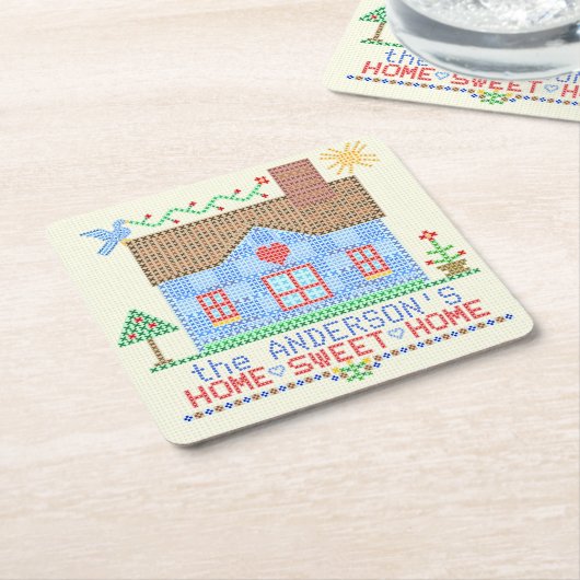 パーソナライズな家の甘い家の十字のステッチの家 スクエアペーパーコースター (アングル)