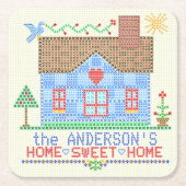パーソナライズな家の甘い家の十字のステッチの家 スクエアペーパーコースター (正面)