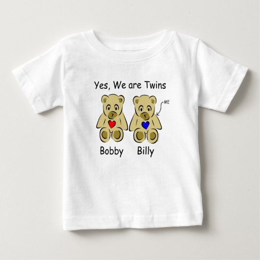 パーソナライズな対の子供のTシャツYes、私達は双生児です ベビーTシャツ (正面)