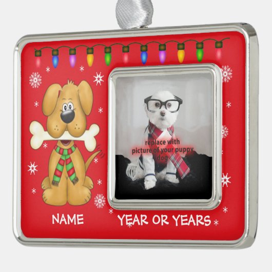 パーソナライズな小犬ペット写真のオーナメント シルバープレートフレームオーナメント (左)