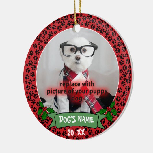 パーソナライズな小犬ペット写真のオーナメント セラミックオーナメント (左)