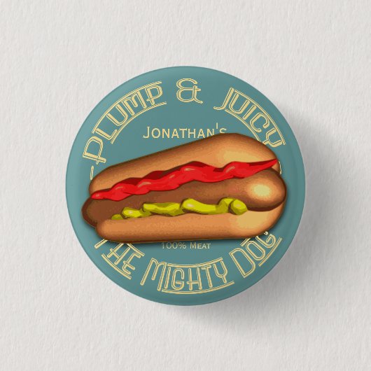 パーソナライズな強大な犬のホットドッグ 缶バッジ (正面)