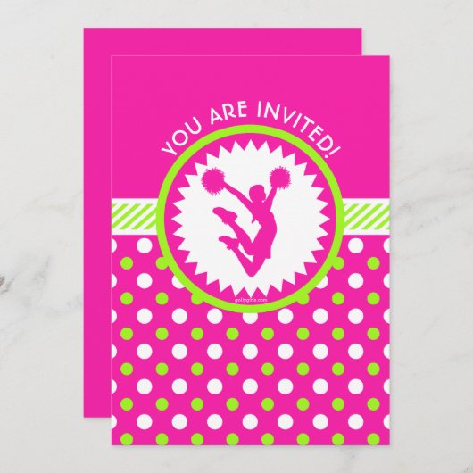 パーソナライズな応援/Pomのピンク-緑の水玉模様 招待状 (正面/裏面)