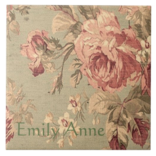 パーソナライズな挨りだらけのピンクおよびセージグリーンのバラ タイル (正面)