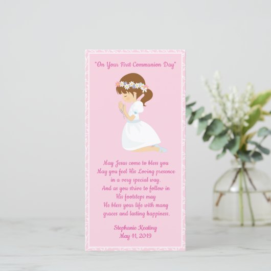 パーソナライズな最初聖餐のしおりの女の子 サンキューカード (スタンド正面)