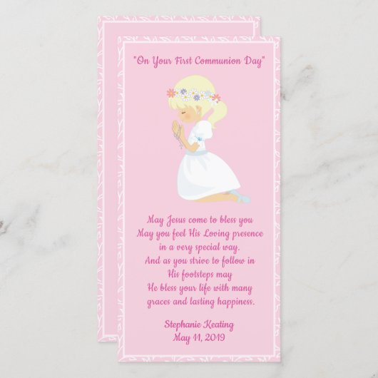 パーソナライズな最初聖餐のしおりの女の子 サンキューカード (正面/裏面)