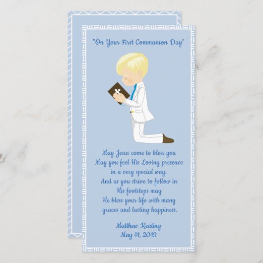 パーソナライズな最初聖餐のしおりの男の子 サンキューカード (正面/裏面)