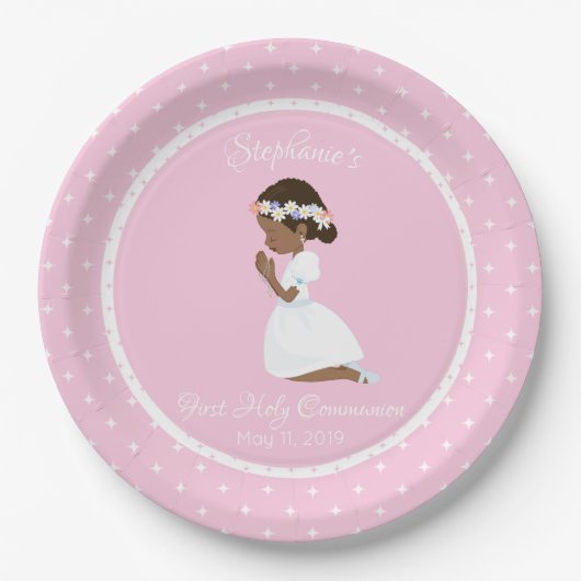 パーソナライズな最初聖餐のアフリカ系アメリカ人の女の子 ペーパープレート (正面)
