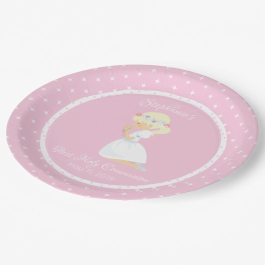 パーソナライズな最初聖餐のブロンドの女性の女の子 ペーパープレート (アングル)