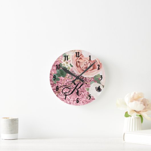 パーソナライズな柱時計の幾何学的な庭ばら色のGlit ラウンド壁時計 (ホーム)