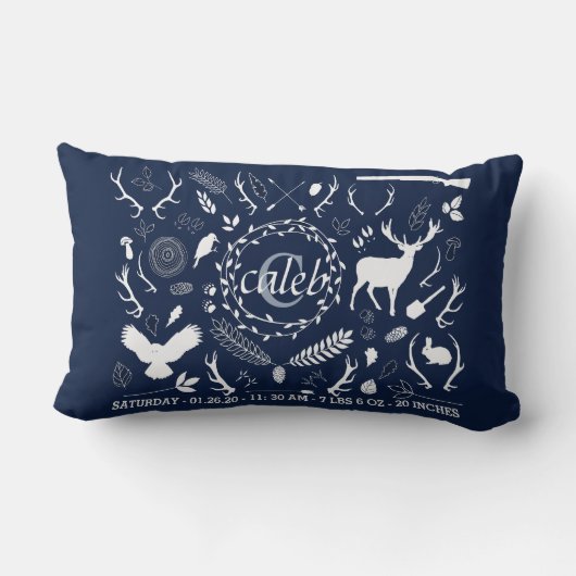 パーソナライズな森林男の赤ちゃんの子供部屋の誕生Stats ランバークッション (裏面)