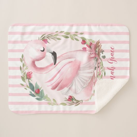 パーソナライズな水彩画のピンクの白鳥の名前のベビー シェルパブランケット (正面(横))