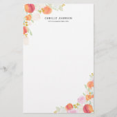 パーソナライズな水彩画のモモおよび花 便箋 (正面)