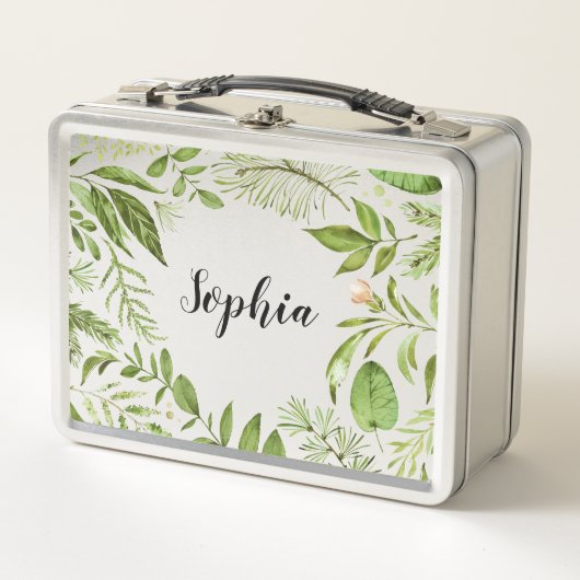 パーソナライズな水彩画の野生の緑の群葉 メタルランチボックス (正面)