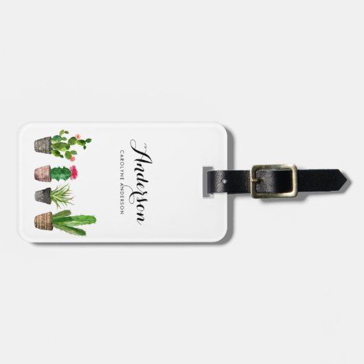 パーソナライズな水彩画の鉢植えなSucculents ラゲッジタグ (正面横)