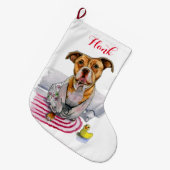 パーソナライズな浴衣の水彩画のピット・ブル犬 ラージクリスマスストッキング (正面 (吊り時))