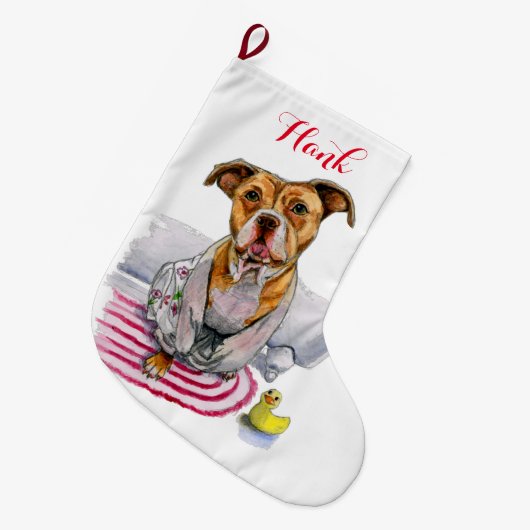 パーソナライズな浴衣の水彩画のピット・ブル犬 ラージクリスマスストッキング (正面 (吊り時))