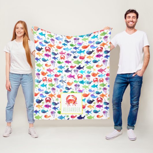 パーソナライズな海のカニの下の虹の水彩画 フリースブランケット (インサイチュ)