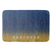 パーソナライズな海軍藍色のグリッターの金ゴールドの羽 バスマット (正面)