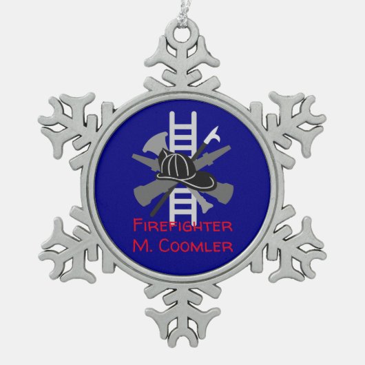 パーソナライズな消防士のクリスマスのオーナメント スノーフレークピューターオーナメント (正面)