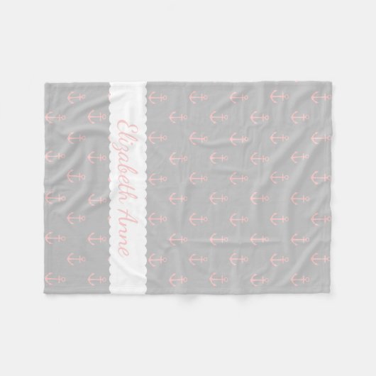 パーソナライズな灰灰色の明るいピンクのいかり フリースブランケット (正面(横))