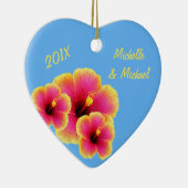 パーソナライズな熱帯青い結婚式のハイビスカス セラミックオーナメント (右)