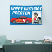 パーソナライズな男の子のレースカーの誕生会の写真 横断幕 (トレードショー)