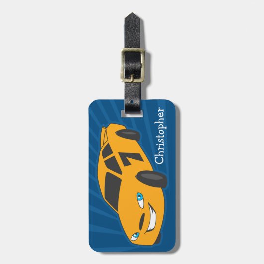 パーソナライズな男の子の荷物のラベル-黄色いレーサー ラゲッジタグ (正面縦)