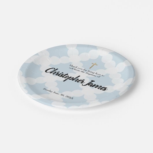 パーソナライズな男の赤ちゃんの青い洗礼及び金ゴールドの十字 ペーパープレート (アングル)