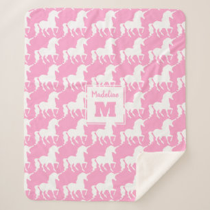 パーソナライズな白いユニコーンのシルエットパターンピンク シェルパブランケット
