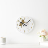 パーソナライズな白及び金ゴールドのグリッターのユニコーン及び星 ラウンド壁時計 (ホーム)