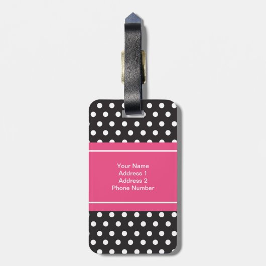 パーソナライズな白黒のピンクの水玉模様 ラゲッジタグ (裏面縦)