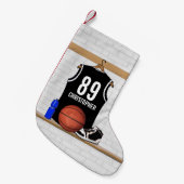 パーソナライズな白黒バスケットボールジャージー スモールクリスマスストッキング (正面 (吊り時))