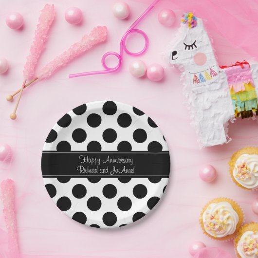 パーソナライズな白黒水玉模様の紙皿 ペーパープレート (パーティー)