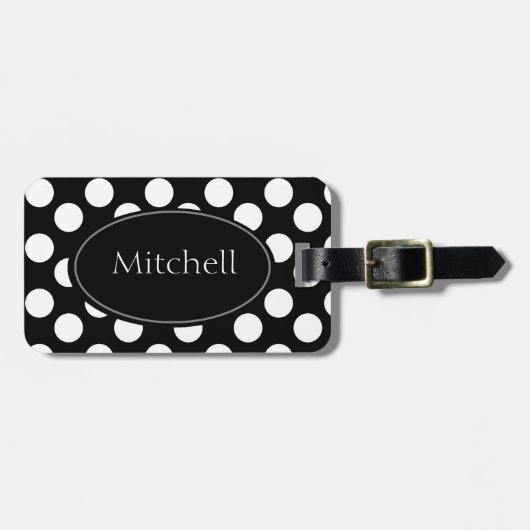 パーソナライズな白黒水玉模様の荷物のラベル ラゲッジタグ (正面横)