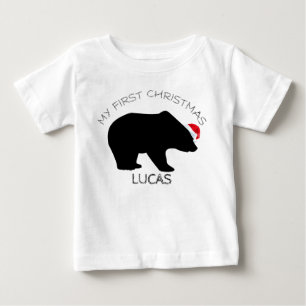 パーソナライズな私の初めてのクリスマスかわいいくまサンタ ベビーTシャツ