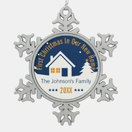 パーソナライズな私達の新しい家|の初めてのクリスマス スノーフレークピューターオーナメント
