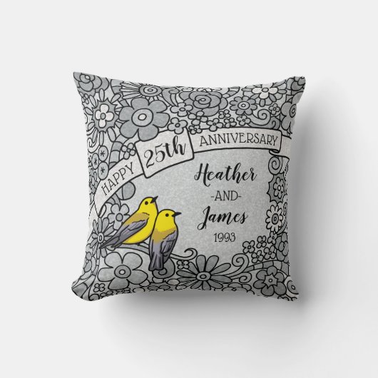 パーソナライズな第25記念日、銀製の花の鳥 クッション (正面)