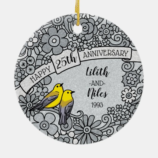 パーソナライズな第25記念日、銀製の花の鳥 セラミックオーナメント (裏面)