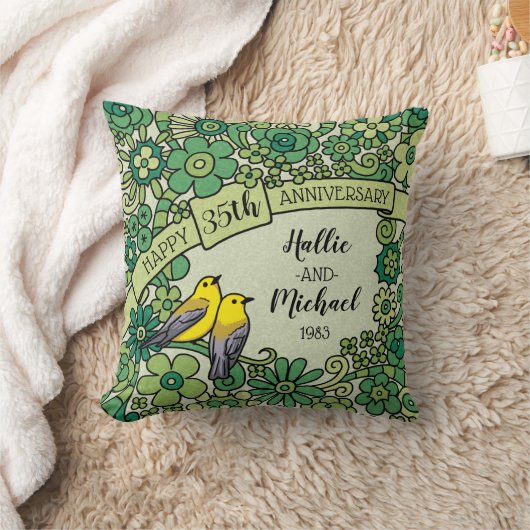 パーソナライズな第35記念日、ヒスイの花柄の鳥 クッション (ブランケット)
