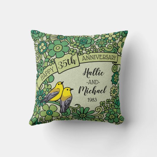 パーソナライズな第35記念日、ヒスイの花柄の鳥 クッション (裏面)