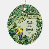 パーソナライズな第35記念日、ヒスイの花柄の鳥 セラミックオーナメント (左)