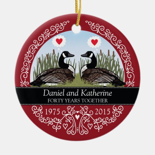 パーソナライズな第40結婚記念日、ガチョウ セラミックオーナメント (正面)