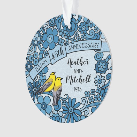 パーソナライズな第45記念日のサファイアの花柄の鳥 オーナメント (正面)