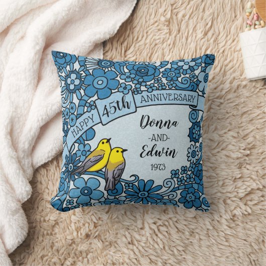 パーソナライズな第45記念日のサファイアの花柄の鳥 クッション (ブランケット)