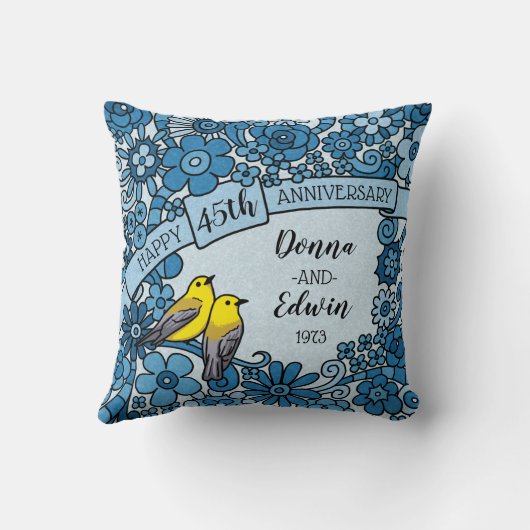 パーソナライズな第45記念日のサファイアの花柄の鳥 クッション (裏面)