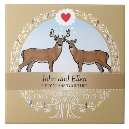パーソナライズな第50結婚記念日、木びき台及び雌ジカ タイル (正面)