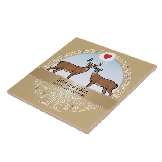 パーソナライズな第50結婚記念日、木びき台及び雌ジカ タイル (側面)