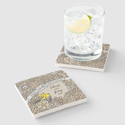 パーソナライズな第50記念日、金ゴールドの花柄の鳥 ストーンコースター (横)
