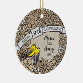 パーソナライズな第50記念日、金ゴールドの花柄の鳥 セラミックオーナメント (右)